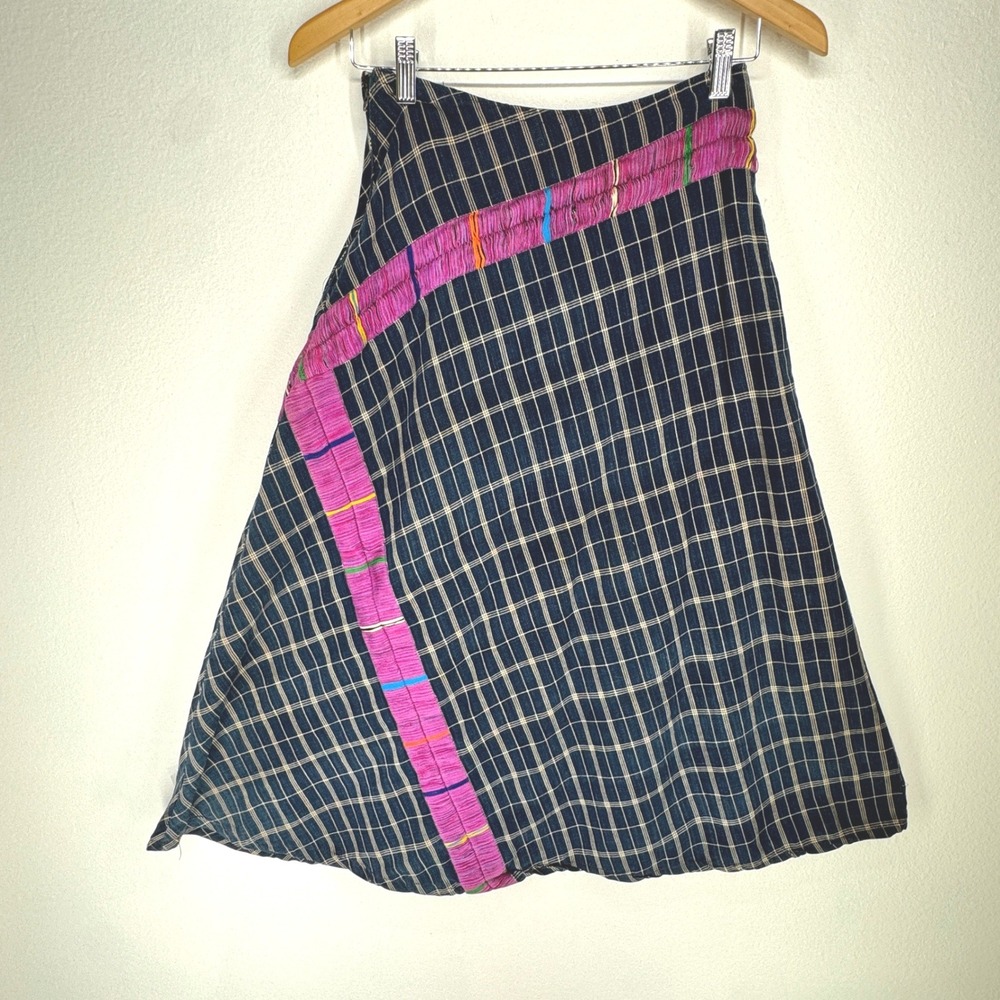 Vintage Habitat Navy Grid Plaid Woven Midi Skirt Side Zip Eclectic Boho Textured